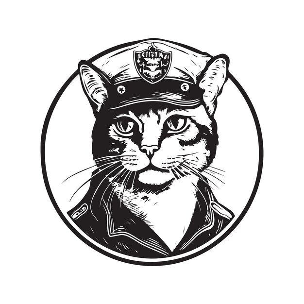 Cat in uniform vintage logo concept black and white color hand drawn illustration