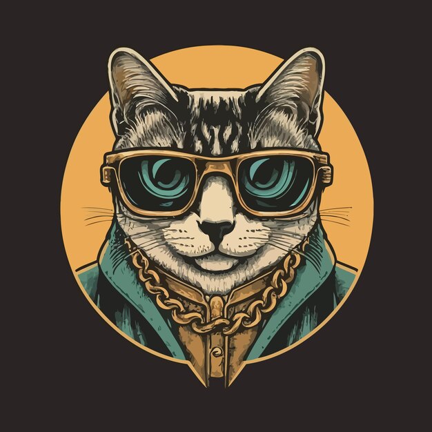 ベクトル tシャツのデザインのための猫のベクトルイラスト 眼鏡をかけた猫の肖像画