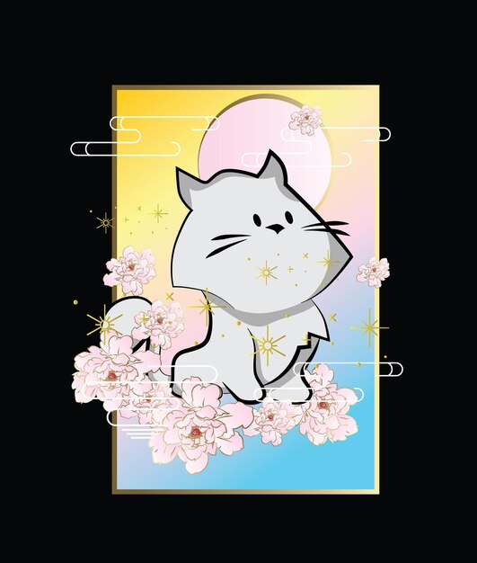 cat vector illustration with japanese style