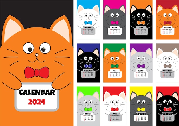 Cat vertical monthly calendar 2024 cover all month cute cartoon character set flat vector