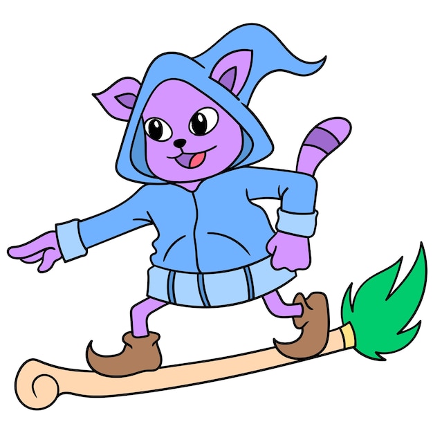 The cat wearing a flying hoodie rides a magic broom, doodle draw kawaii. illustration art