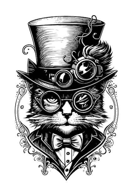 Gatto che indossa il logo steampunk del cappello e del vetro