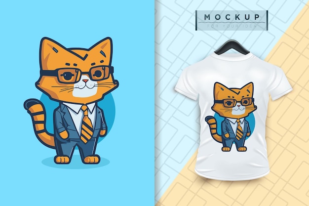 Vettore un gatto che indossa un'uniforme come un impiegato e un uomo d'affari nel design di un personaggio dei cartoni animati piatto