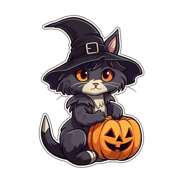 Cat wearing witch hat with pumpkins