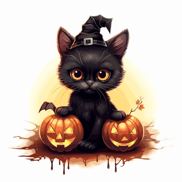 cat wearing witch hat with pumpkins