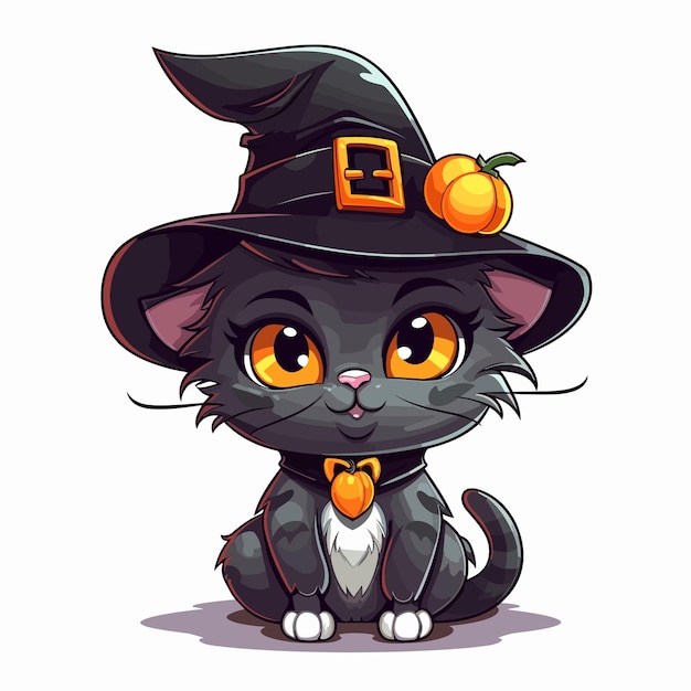 Vector cat wearing witch hat with pumpkins