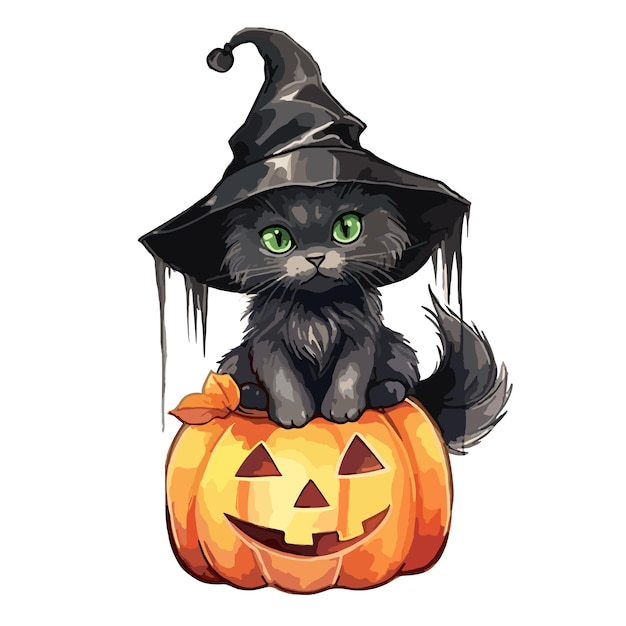 cat wearing witch hat with pumpkins