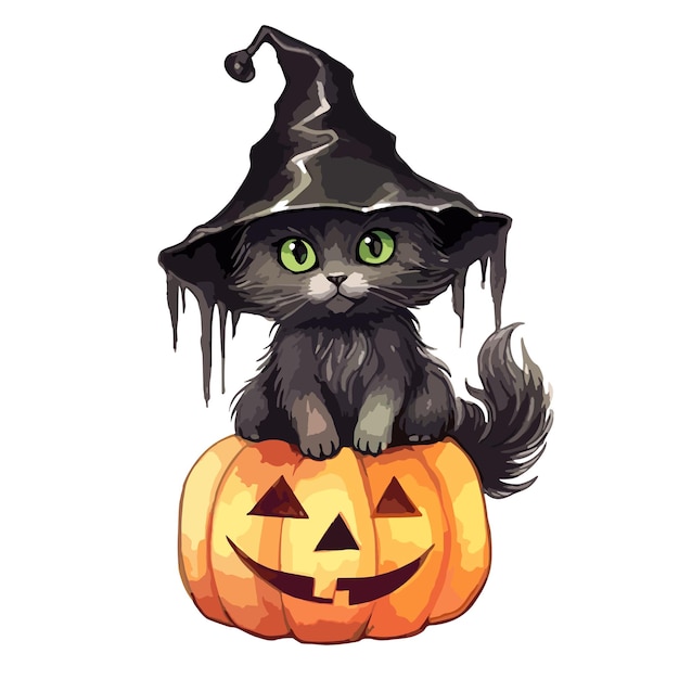 cat wearing witch hat with pumpkins