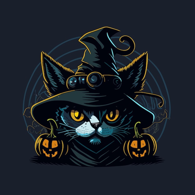 Premium Vector | Cat witch hat and pumpkin vector devil halloween ...