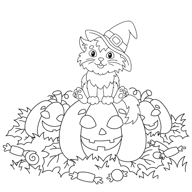 A cat in a witch hat sits on a pumpkin Halloween theme Coloring book page for kids