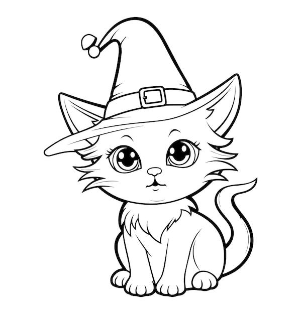 Vector cat of witches coloring page for kids