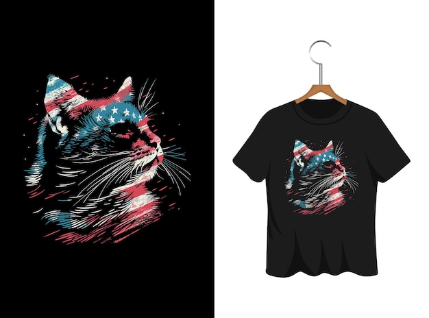 アメリカ国旗のTシャツのデザインのテンプレートを持つ猫