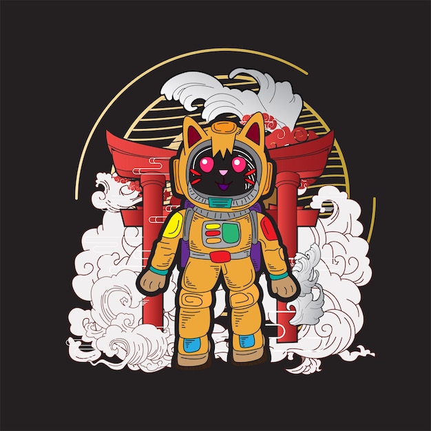 ロゴ、ノート、背景用の宇宙飛行士の衣装イラストを持つ猫