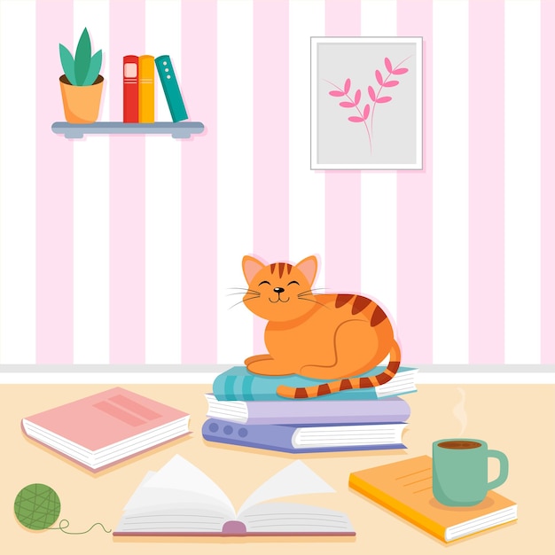 Vector cat with books