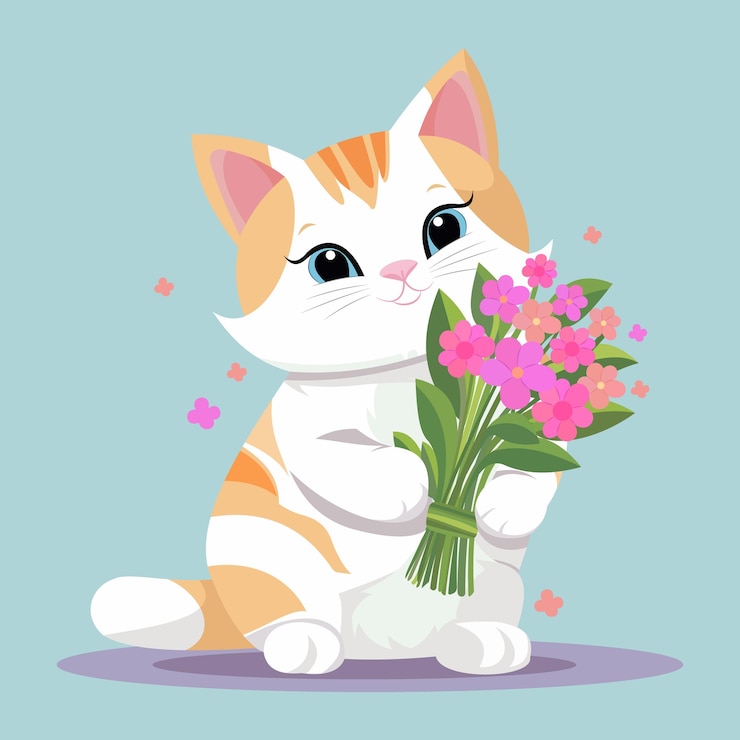 Vector cat with a bouquet of flowers in its paws flat vector illustration