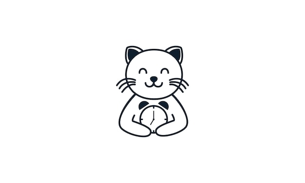 Cat with clock cute lines logo vector icon design