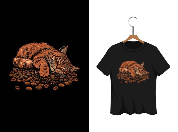 ベクトル コーヒーを飲む猫のtシャツのデザインテンプレート