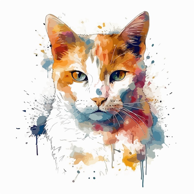 A cat with a colored face is shown with a watercolor background.