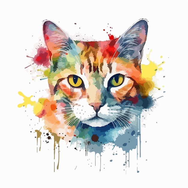 A cat with a colorful face painted in watercolor