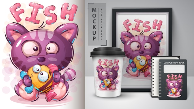 Vector cat with fish illustration for cup and merchandising
