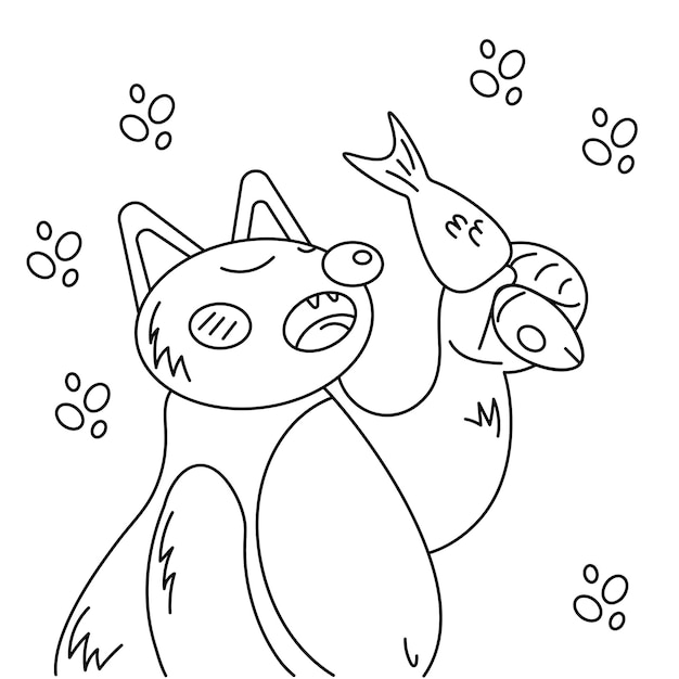 Vector cat with fish1 a cute cat with a fish in its paw says something before eating it black and white