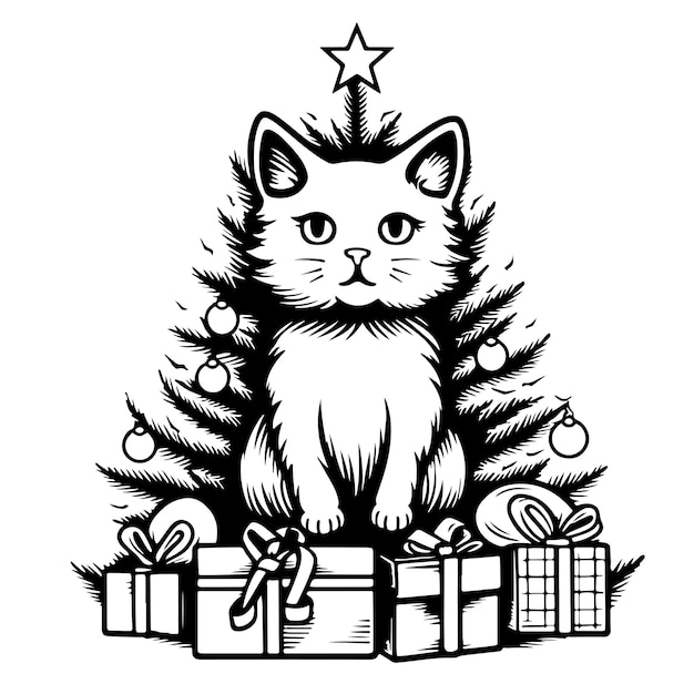 クリスマス ツリーの手描きのスケッチの背景に贈り物を持つ猫と新しいクリスマスのシンボル