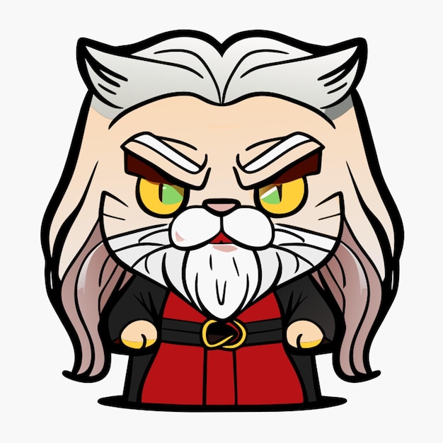 Vector cat with long hair long beard long fangs long braided hair with a scar on his eye vector