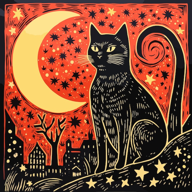 Un gatto con la luna sullo sfondo illustrazione di arte popolare in stile linoleografia con stampa in rilievo