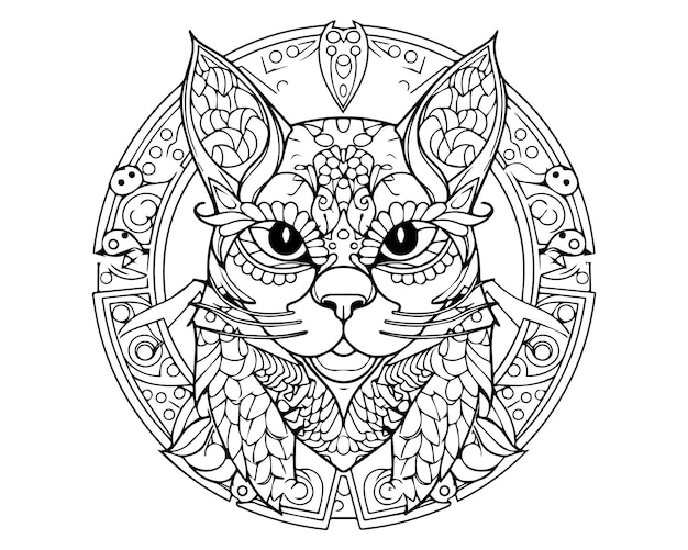 Vettore un gatto con un motivo al centro una pagina da colorare di testa di tigre su sfondo bianco