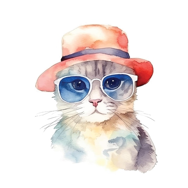 Cat with sunglasses and cap watercolor paint