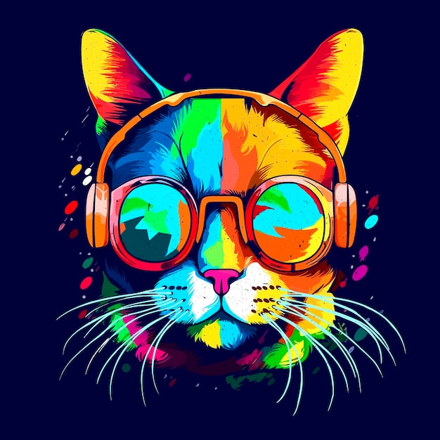 A cat with sunglasses and headphones on dark background Pop art style