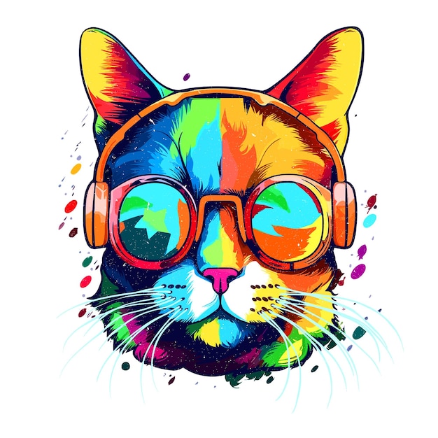 A cat with sunglasses and headphones on white background pop art style