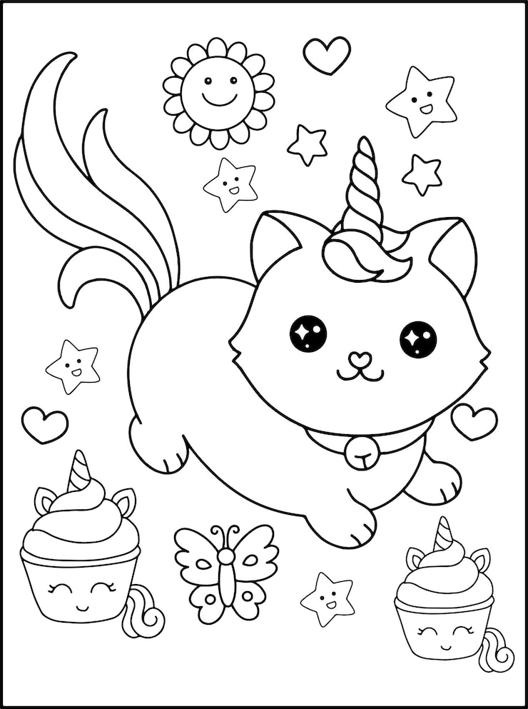 Vector 유니콘 꼬리와 컵케이크가 있는 고양이.