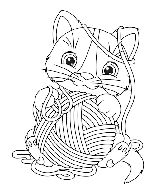 Раскраска Кошка с клубком пряжи. Контур векторной иллюстрации мультфильма