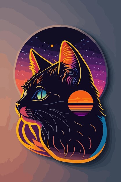 A cat with a yellow eye is shown in a colorful illustration.