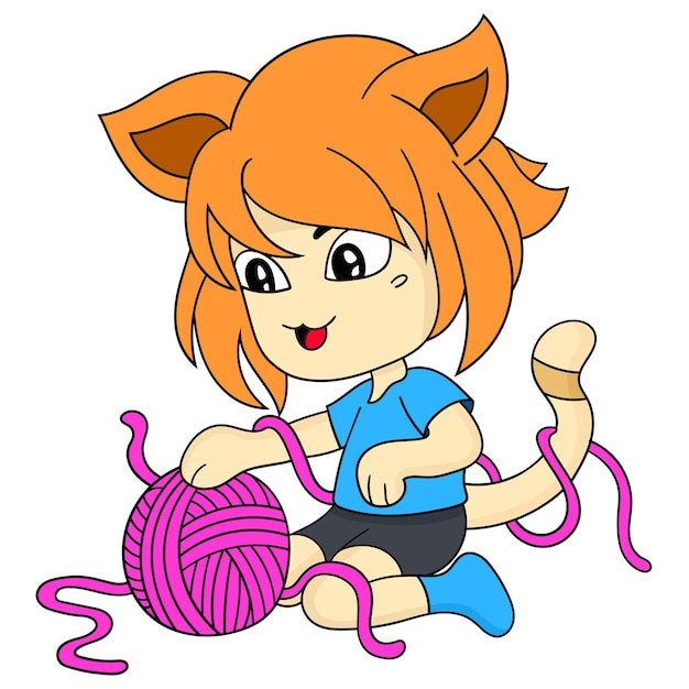 Cat woman children playing ball of yarn