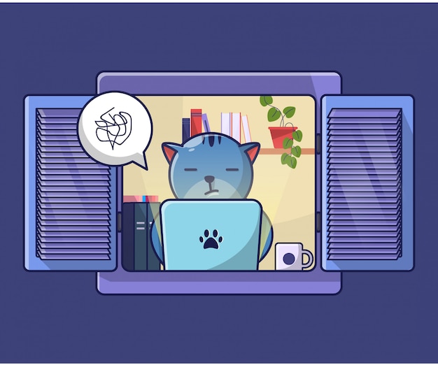 Cat work from home illustration