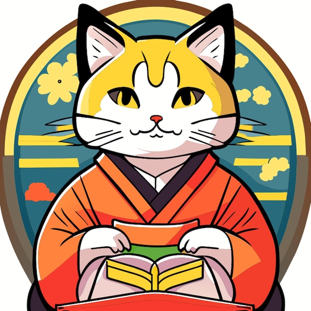 cat writer kimono book vector illustration