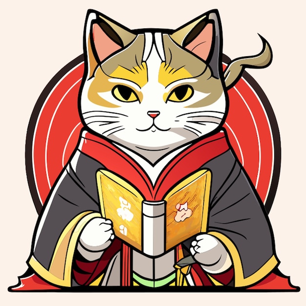 cat writer kimono book vector illustration