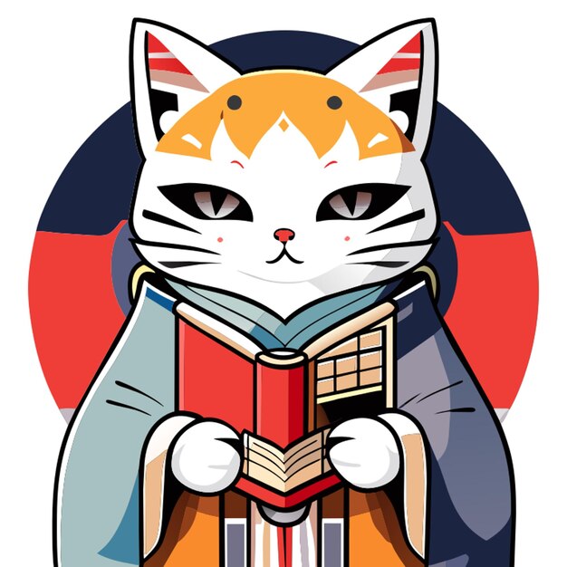 cat writer kimono book vector illustration