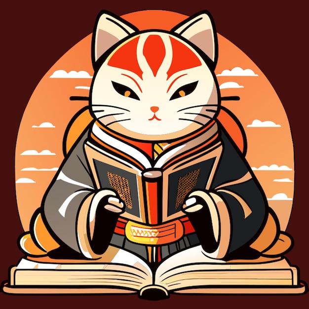 Cat writer kimono book vector illustration