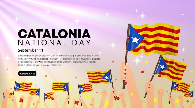 Catalonia national day background with waving flags and raised hands