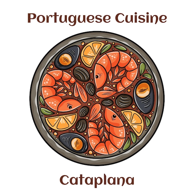 Vector cataplana portugese seafood dish with lobster shrimp mussels and more