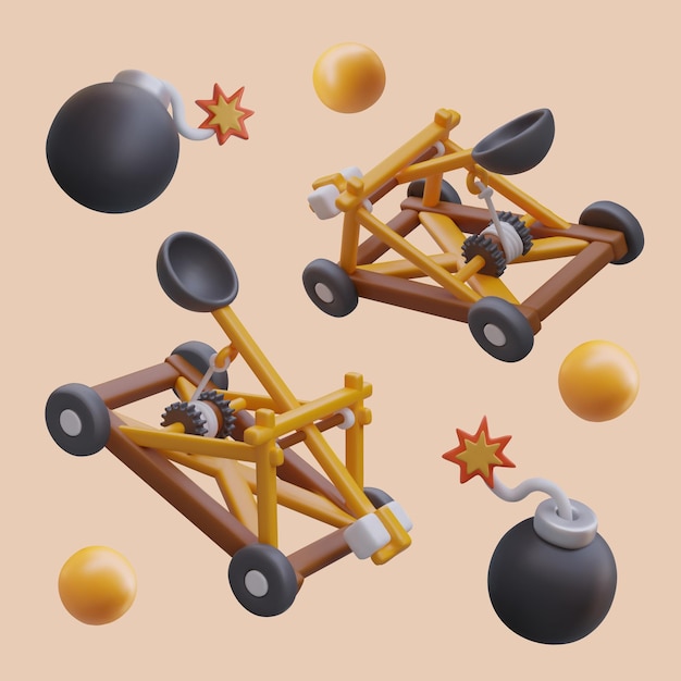 Vector catapult and bomb with fuse for online computer game in different positions