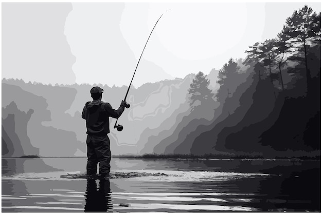 catch a big fish on fishing vector black silhouette
