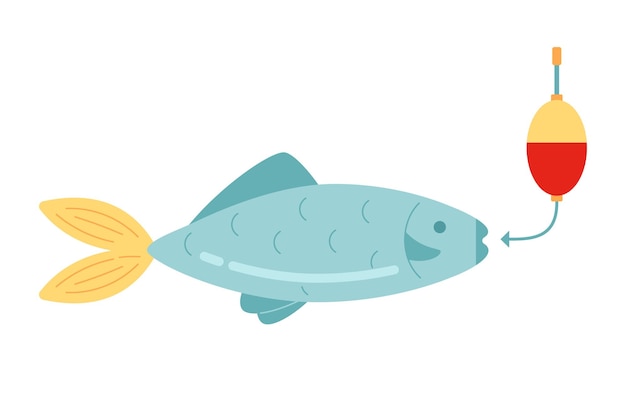 フックで魚を捕まえる セミフラットカラーベクトルオブジェクト 釣りの趣味 白い背景の編集可能な漫画クリップアートアイコン ウェブグラフィックデザインのためのシンプルなスポットイラスト