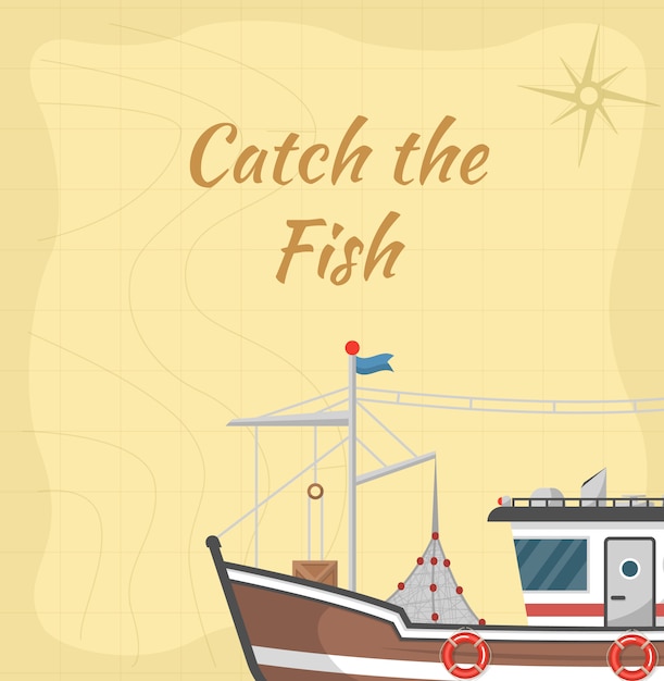 Vector catch the fish illustration with commercial small boat