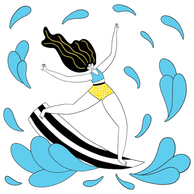 Cattura lo slogan sportivo motivazionale disegnato a mano di vettore unico dell'onda con la ragazza della tavola da surf che cavalca le onde