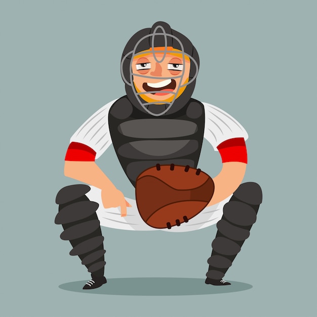 Giocatore di baseball catcher. personaggio dei cartoni animati di un uomo in maschera, guanto, casco e abbigliamento sportivo. illustrazione isolato su sfondo bianco.