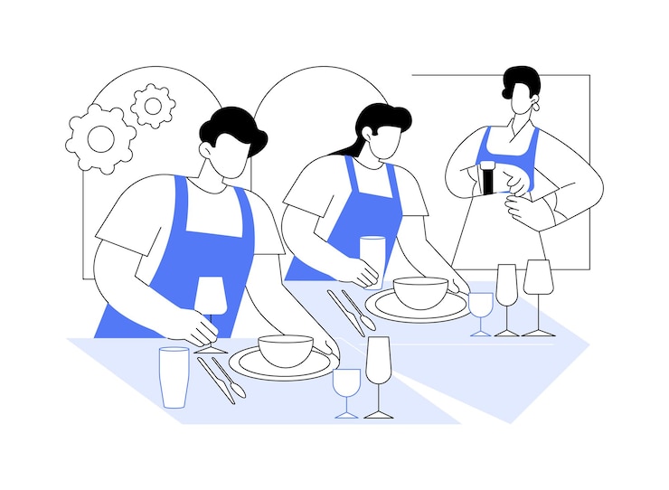 Vector caterer geïsoleerde cartoon vector illustraties studenten volgen samen professionele cateringcursussen